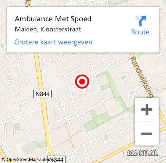 Locatie op kaart van de 112 melding: Ambulance Met Spoed Naar Malden, Kloosterstraat op 14 juni 2020 00:34