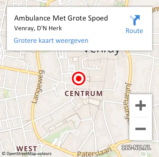 Locatie op kaart van de 112 melding: Ambulance Met Grote Spoed Naar Venray, D'N Herk op 14 juni 2020 10:11