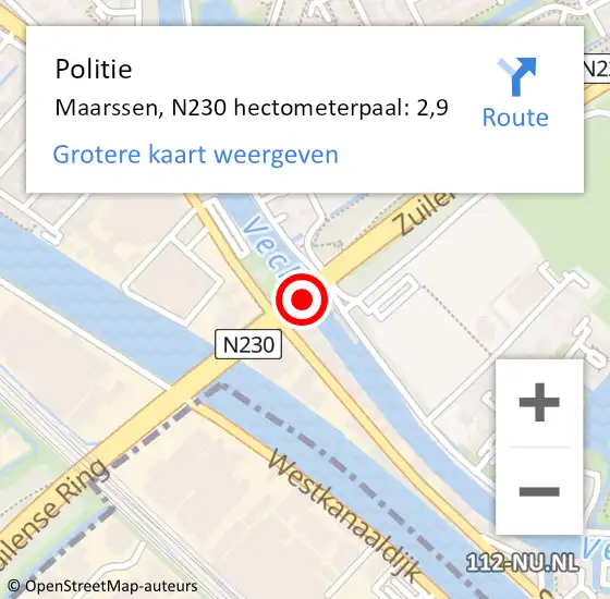 Locatie op kaart van de 112 melding: Politie Maarssen, N230 hectometerpaal: 2,9 op 14 juni 2020 14:41