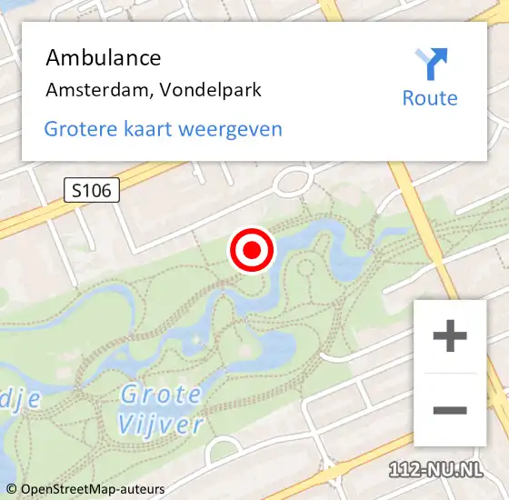 Locatie op kaart van de 112 melding: Ambulance Amsterdam, Vondelpark op 18 juni 2020 20:57