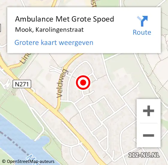 Locatie op kaart van de 112 melding: Ambulance Met Grote Spoed Naar Mook, Karolingenstraat op 19 juni 2020 18:09