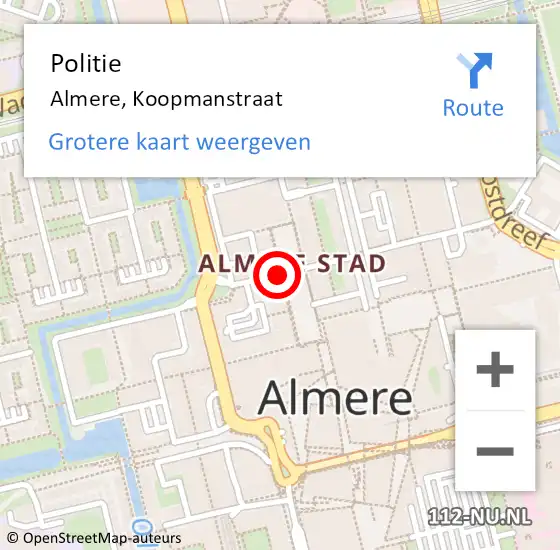 Locatie op kaart van de 112 melding: Politie Almere, Koopmanstraat op 21 juni 2020 23:54