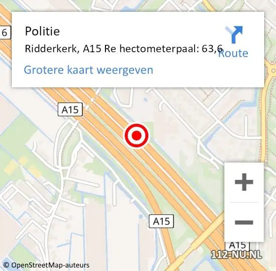 Locatie op kaart van de 112 melding: Politie Ridderkerk, A15 Re hectometerpaal: 63,6 op 22 juni 2020 07:10