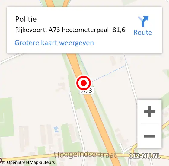 Locatie op kaart van de 112 melding: Politie Rijkevoort, A73 hectometerpaal: 81,6 op 10 mei 2014 09:41