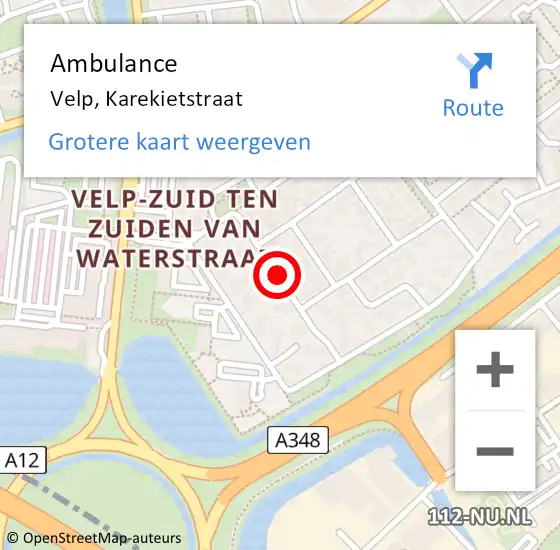 Locatie op kaart van de 112 melding: Ambulance Velp, Karekietstraat op 22 juni 2020 13:23
