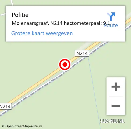 Locatie op kaart van de 112 melding: Politie Molenaarsgraaf, N214 hectometerpaal: 9,1 op 23 juni 2020 10:40