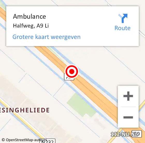 Locatie op kaart van de 112 melding: Ambulance Halfweg, A9 Li op 23 juni 2020 21:37