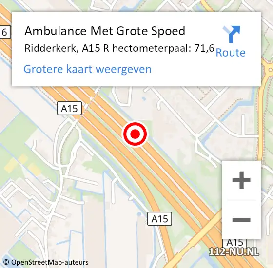 Locatie op kaart van de 112 melding: Ambulance Met Grote Spoed Naar Ridderkerk, A15 Re hectometerpaal: 71,1 op 25 juni 2020 22:52