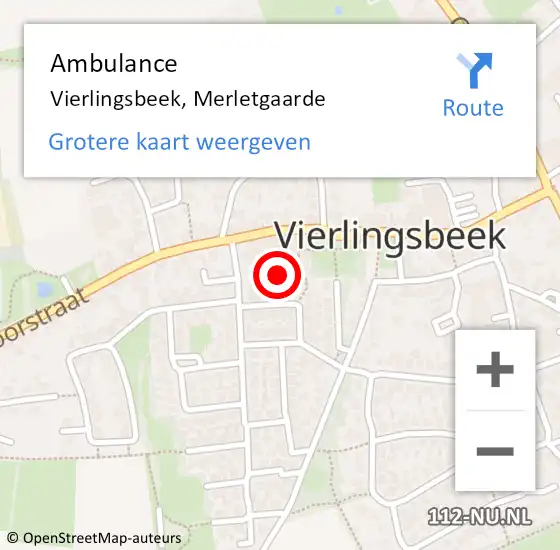 Locatie op kaart van de 112 melding: Ambulance Vierlingsbeek, Merletgaarde op 27 juni 2020 09:02