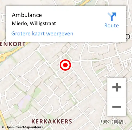 Locatie op kaart van de 112 melding: Ambulance Mierlo, Willigstraat op 28 juni 2020 22:02