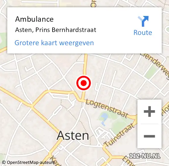 Locatie op kaart van de 112 melding: Ambulance Asten, Prins Bernhardstraat op 1 juli 2020 21:26