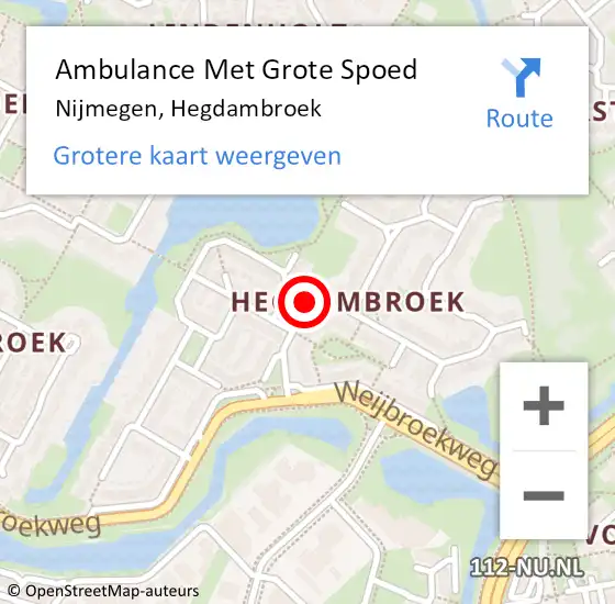 Locatie op kaart van de 112 melding: Ambulance Met Grote Spoed Naar Nijmegen, Hegdambroek op 2 juli 2020 19:41