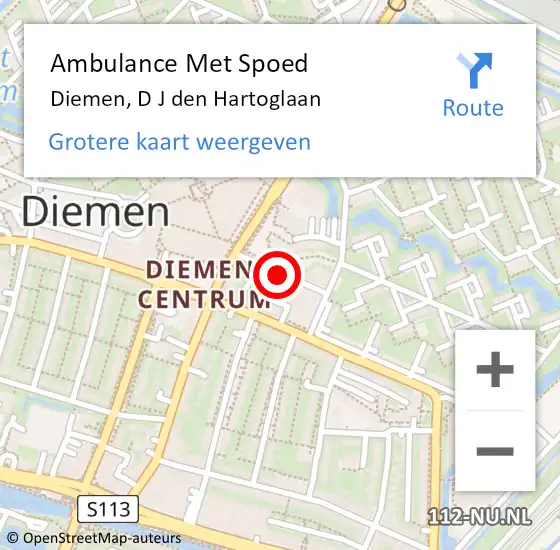 Locatie op kaart van de 112 melding: Ambulance Met Spoed Naar Diemen, D J den Hartoglaan op 4 juli 2020 19:57
