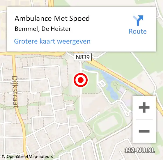 Locatie op kaart van de 112 melding: Ambulance Met Spoed Naar Bemmel, De Heister op 7 juli 2020 03:26