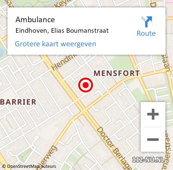 Locatie op kaart van de 112 melding: Ambulance Eindhoven, Elias Boumanstraat op 8 juli 2020 09:05