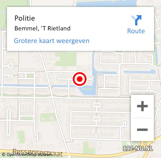 Locatie op kaart van de 112 melding: Politie Bemmel, 'T Rietland op 8 juli 2020 15:23