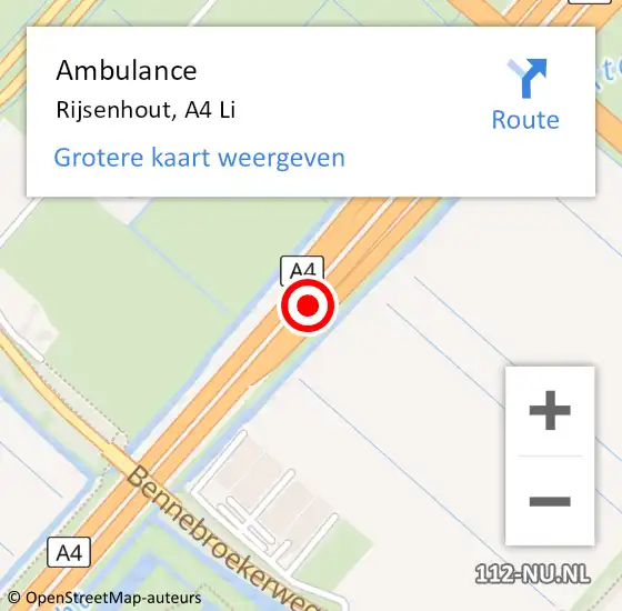 Locatie op kaart van de 112 melding: Ambulance Rijsenhout, A4 Li op 8 juli 2020 18:29