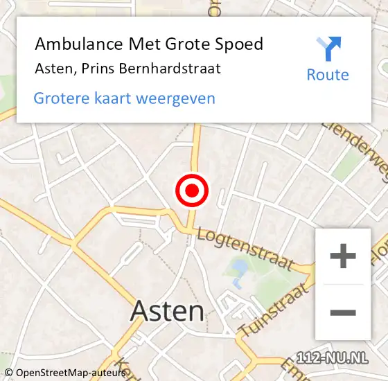 Locatie op kaart van de 112 melding: Ambulance Met Grote Spoed Naar Asten, Prins Bernhardstraat op 9 juli 2020 10:46