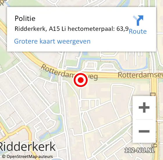 Locatie op kaart van de 112 melding: Politie Ridderkerk, A15 Li hectometerpaal: 63,9 op 9 juli 2020 20:31