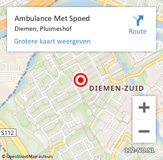 Locatie op kaart van de 112 melding: Ambulance Met Spoed Naar Diemen, Pluimeshof op 10 juli 2020 15:19