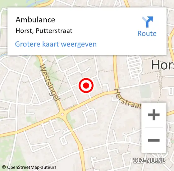 Locatie op kaart van de 112 melding: Ambulance Horst, Putterstraat op 12 mei 2014 10:46