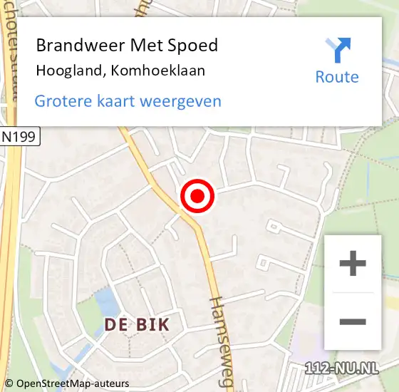 Locatie op kaart van de 112 melding: Brandweer Met Spoed Naar Hoogland, Komhoeklaan op 11 juli 2020 08:45