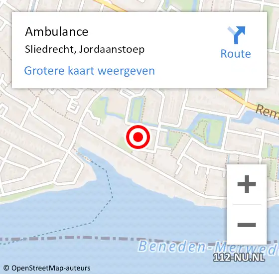 Locatie op kaart van de 112 melding: Ambulance Sliedrecht, Jordaanstoep op 13 juli 2020 02:50