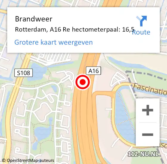 Locatie op kaart van de 112 melding: Brandweer Rotterdam, A16 Re hectometerpaal: 16,5 op 13 juli 2020 07:29
