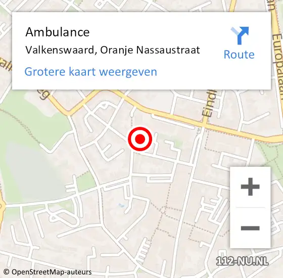 Locatie op kaart van de 112 melding: Ambulance Valkenswaard, Oranje Nassaustraat op 13 juli 2020 13:23
