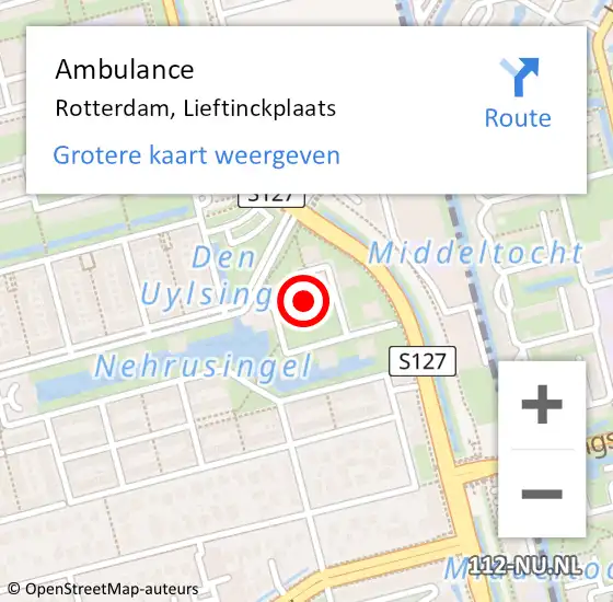 Locatie op kaart van de 112 melding: Ambulance Rotterdam, Lieftinckplaats op 14 juli 2020 12:21