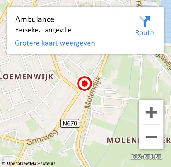 Locatie op kaart van de 112 melding: Ambulance Yerseke, Langeville op 14 juli 2020 12:25