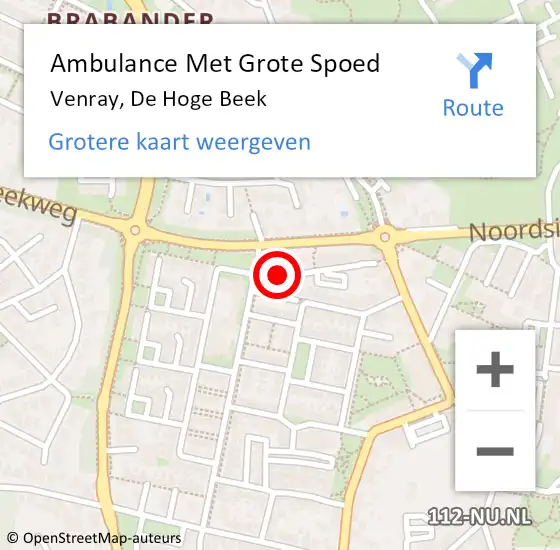 Locatie op kaart van de 112 melding: Ambulance Met Grote Spoed Naar Venray, De Hoge Beek op 14 juli 2020 12:30