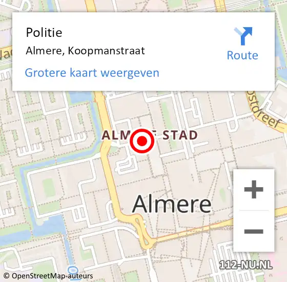 Locatie op kaart van de 112 melding: Politie Almere, Koopmanstraat op 14 juli 2020 15:53