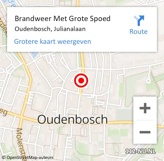 Locatie op kaart van de 112 melding: Brandweer Met Grote Spoed Naar Oudenbosch, Julianalaan op 15 juli 2020 13:05