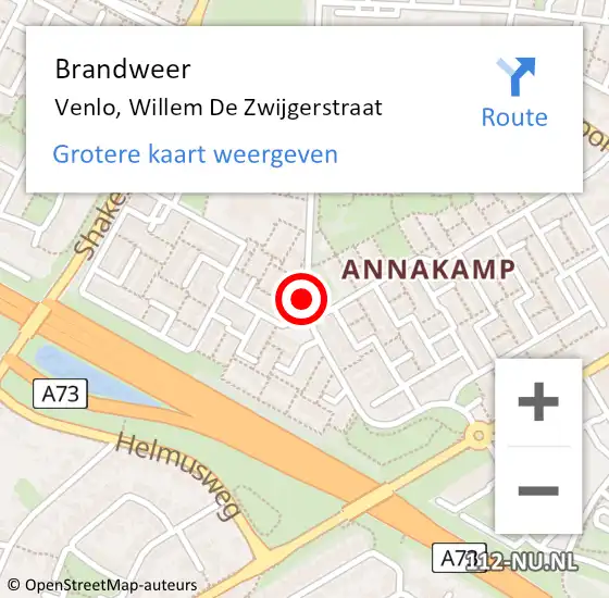 Locatie op kaart van de 112 melding: Brandweer Venlo, Willem De Zwijgerstraat op 15 juli 2020 16:26