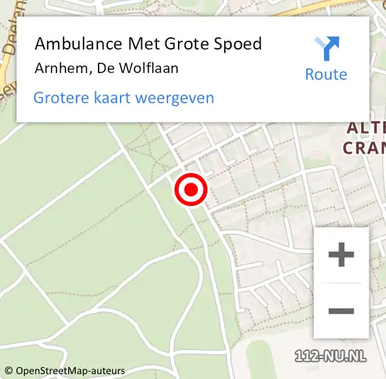 Locatie op kaart van de 112 melding: Ambulance Met Grote Spoed Naar Arnhem, De Wolflaan op 15 juli 2020 17:39