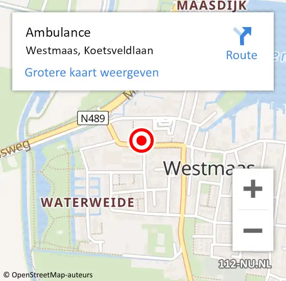 Locatie op kaart van de 112 melding: Ambulance Westmaas, Koetsveldlaan op 15 juli 2020 21:38