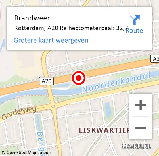 Locatie op kaart van de 112 melding: Brandweer Rotterdam, A20 Re hectometerpaal: 32,7 op 16 juli 2020 13:53