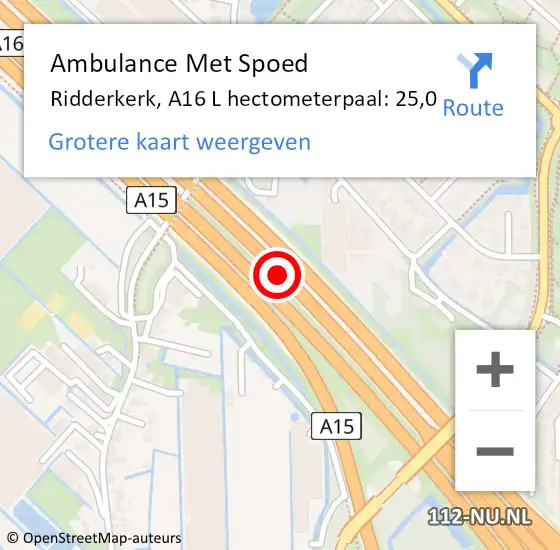 Locatie op kaart van de 112 melding: Ambulance Met Spoed Naar Ridderkerk, A16 Re hectometerpaal: 25,9 op 16 juli 2020 16:14