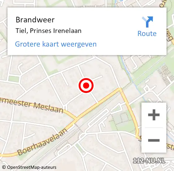 Locatie op kaart van de 112 melding: Brandweer Tiel, Prinses Irenelaan op 18 juli 2020 04:28