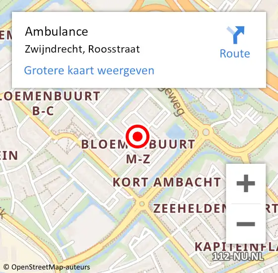 Locatie op kaart van de 112 melding: Ambulance Zwijndrecht, Roosstraat op 18 juli 2020 09:59