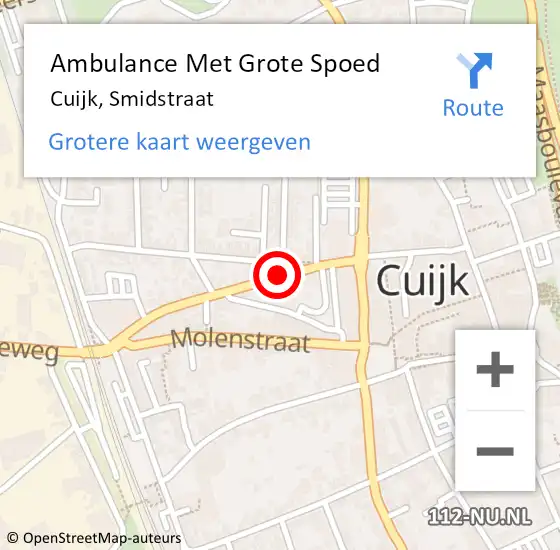 Locatie op kaart van de 112 melding: Ambulance Met Grote Spoed Naar Cuijk, Smidstraat op 19 juli 2020 09:46