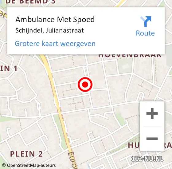 Locatie op kaart van de 112 melding: Ambulance Met Spoed Naar Schijndel, Julianastraat op 19 juli 2020 18:30