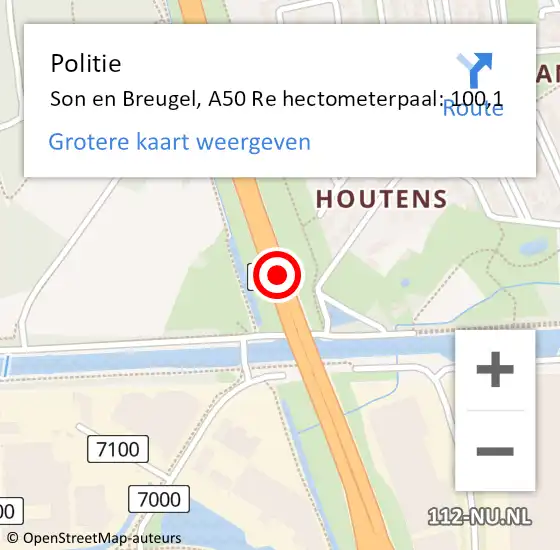 Locatie op kaart van de 112 melding: Politie Son en Breugel, A50 Li hectometerpaal: 98,6 op 19 juli 2020 21:42