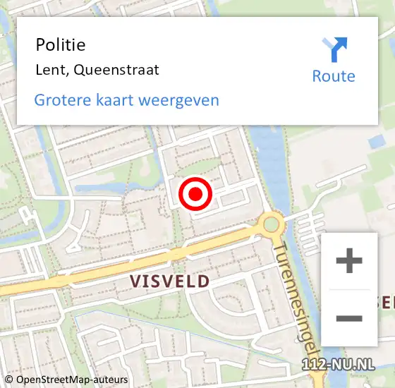 Locatie op kaart van de 112 melding: Politie Lent, Queenstraat op 20 juli 2020 00:44