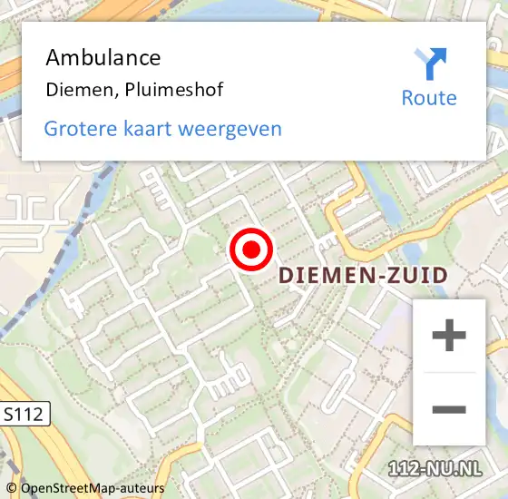 Locatie op kaart van de 112 melding: Ambulance Diemen, Pluimeshof op 20 juli 2020 09:05