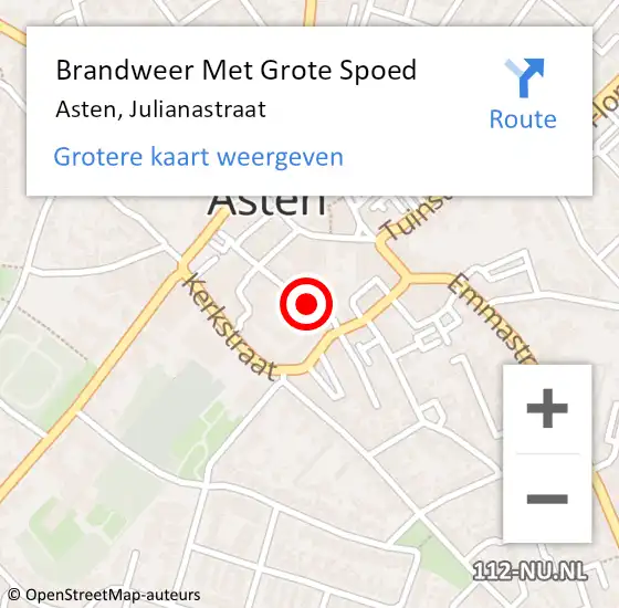 Locatie op kaart van de 112 melding: Brandweer Met Grote Spoed Naar Asten, Julianastraat op 20 juli 2020 17:51