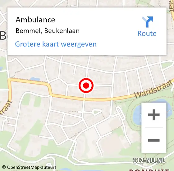 Locatie op kaart van de 112 melding: Ambulance Bemmel, Beukenlaan op 21 juli 2020 08:55