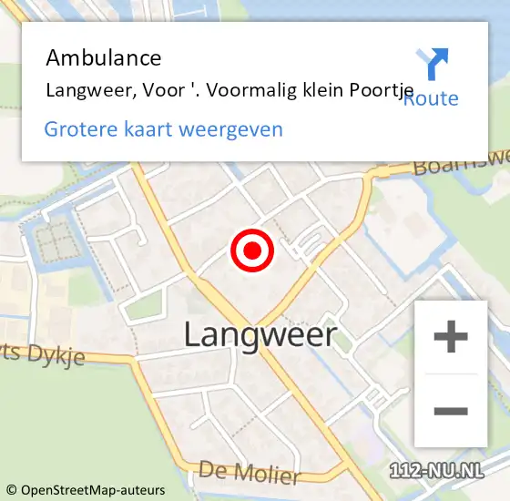 Locatie op kaart van de 112 melding: Ambulance Langweer, Voor '. Voormalig klein Poortje op 13 mei 2014 11:59