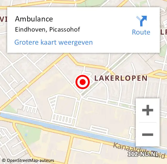 Locatie op kaart van de 112 melding: Ambulance Eindhoven, Picassohof op 23 juli 2020 10:54